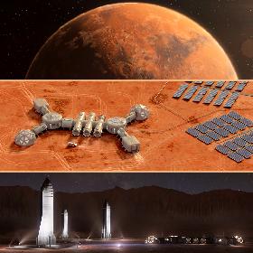 Martian base colony in the crater Planet Mars high detailed animated 3d scene. 3D
